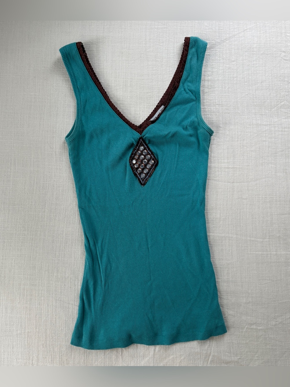 Vintage Y2K Avenue of the Stars Teal Brown Gem Beaded Ribbed Tank Top Boho S
